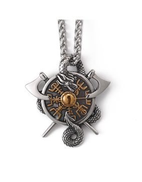 Lykken Viking Jörmungandr Vegvisir gold steel necklace 60 cm