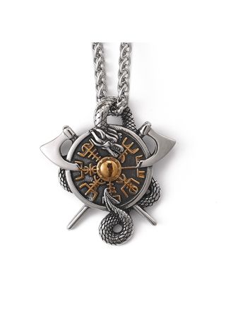 Lykka Viking Jörmungandr Vegvisir gold steel necklace 60 cm 