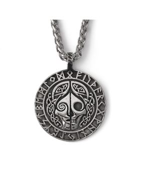 Lykka Viking skull and runes silver steel necklace 60 cm