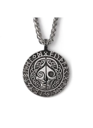Lykka Viking skull and runes silver steel necklace 60 cm