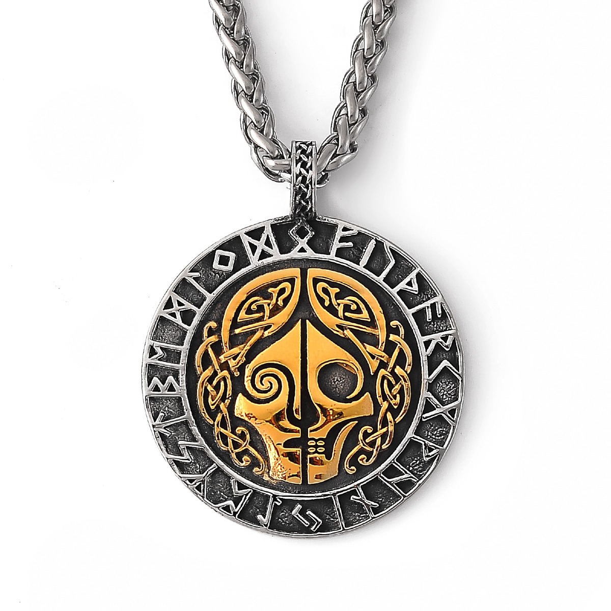 Lykka Viking skull and runes gold steel necklace 60 cm 