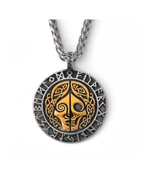 Lykka Viking skull and runes gold steel necklace 60 cm