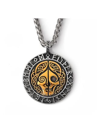 Lykka Viking skull and runes gold steel necklace 60 cm