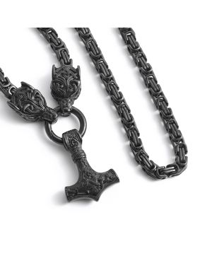 Lykken Viking black Geri &Freki Thors hammer steel necklace 60cm