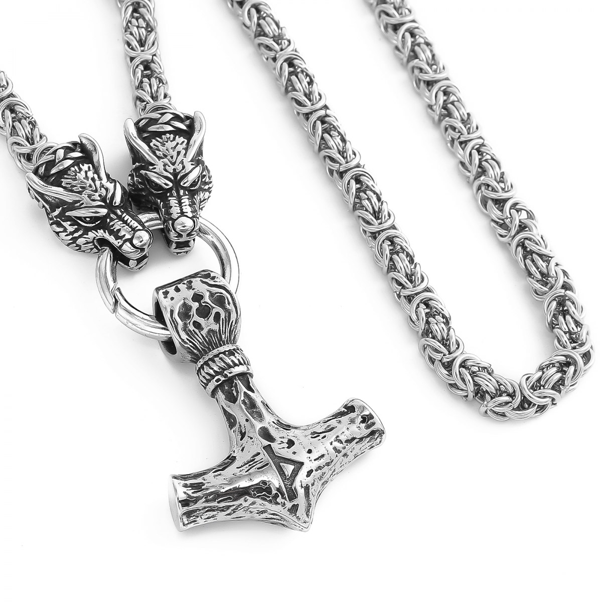 Lykka Viking Thor stainless steel necklace with wolf heads, Mjölnir pendant and Byzantine chain 60cm