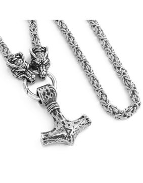 Lykka Viking Thor stainless steel necklace with wolf heads, Mjölnir pendant and Byzantine chain 60cm