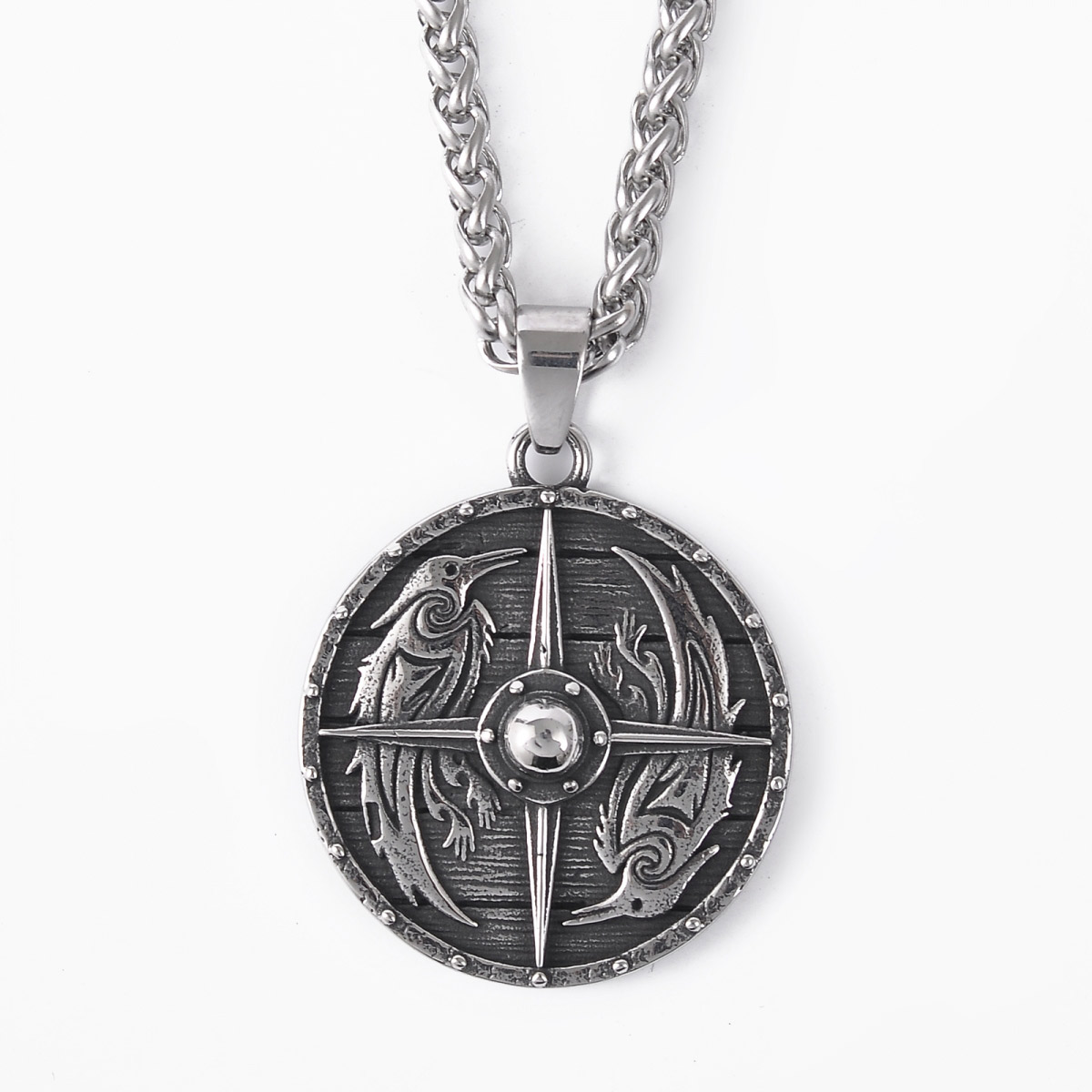 Lykka Viking stainless steel necklace with raven and shield symbol 60cm