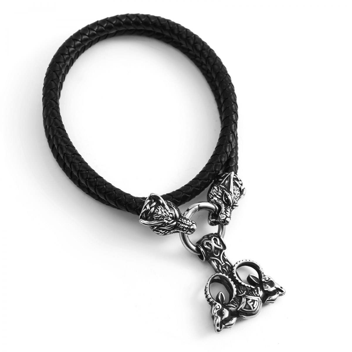 Lykka Viking Thor stainless steel necklace with leather chain, wolf heads and Mjölnir pendant 60cm