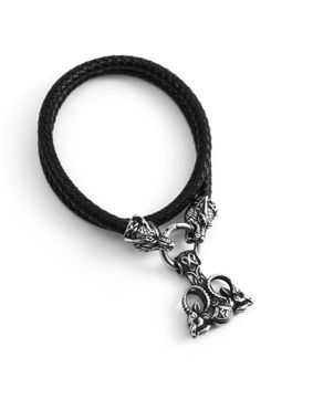 Lykken Viking Thor stainless steel necklace with leather chain, wolf heads and Mjölnir pendant 60cm