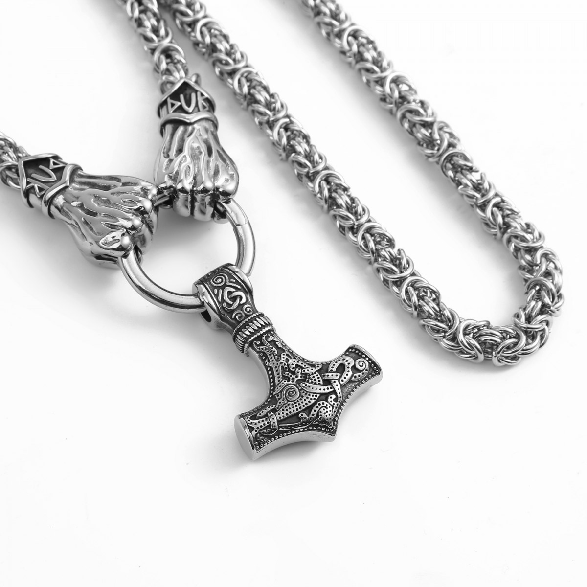 Lykka Viking Thor stainless steel necklace with decorative Mjölnir pendant and king chain 60cm