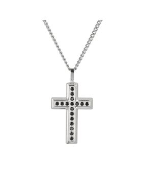 Lykken Strong silver-colored cross with black stones steel necklace 55 cm