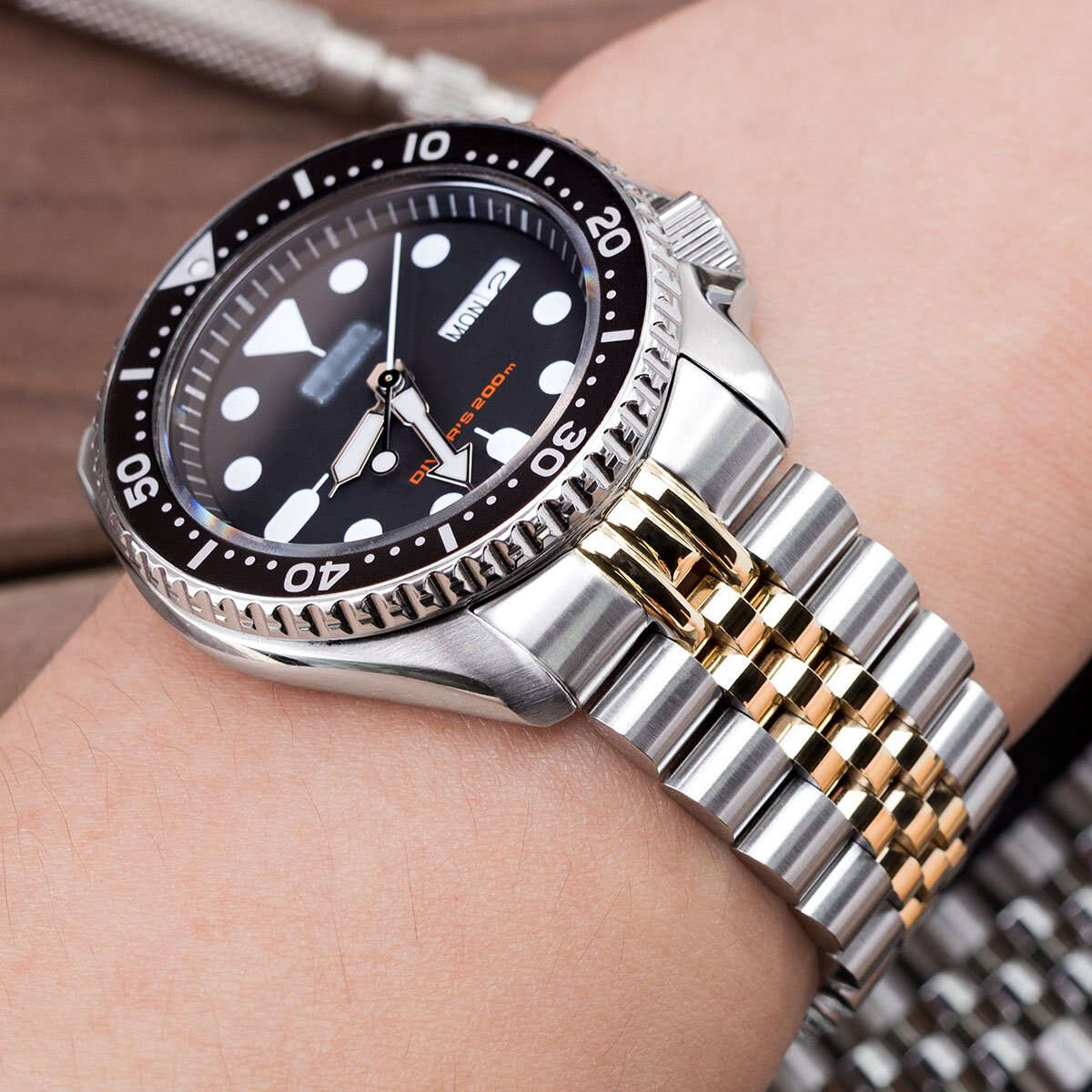 MiLTAT Super Jubilee Two Tone IP Gold steel band for Seiko SKX SS221805P2G020 watchesonline