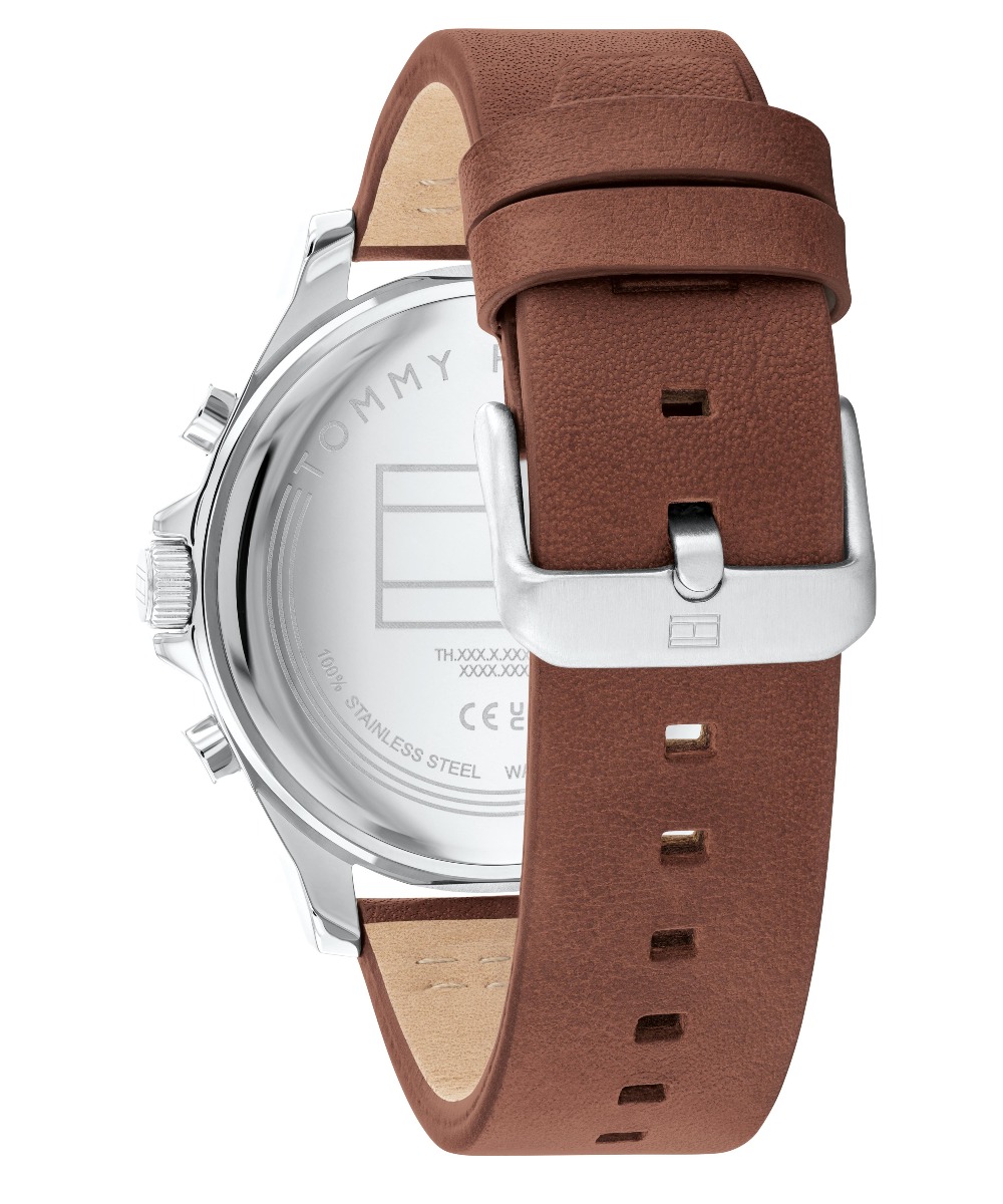 Leather Hilfiger 1710522 Silver Stainless Brown Strap Steel Lance Tommy