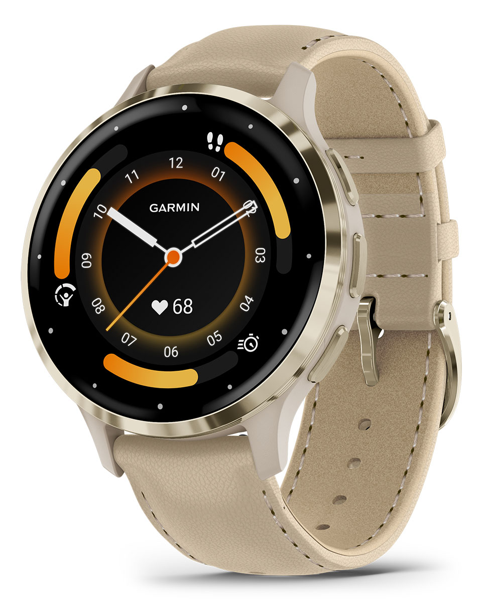 Garmin Venu 3S pehmeän kullanvärinen bezel, viileänharmaa runko ja  nahkaranneke 010-02785-55