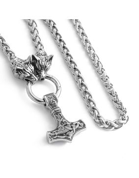 Lykka Viking silver colored Thors hammer steel necklace wolf head 60 cm