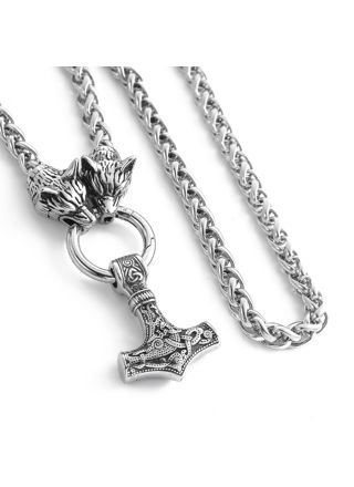 Lykka Viking silver colored Thors hammer steel necklace wolf head 60 cm