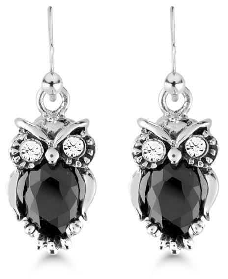 Hanging silver earrings owl black-clear zircon WE-58490Zblack